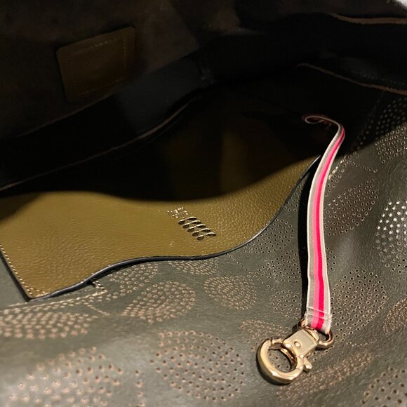 Orla Kiely Stem Olive Green Punched Leather Crossbody Messenger Bag - Picture 2 of 10